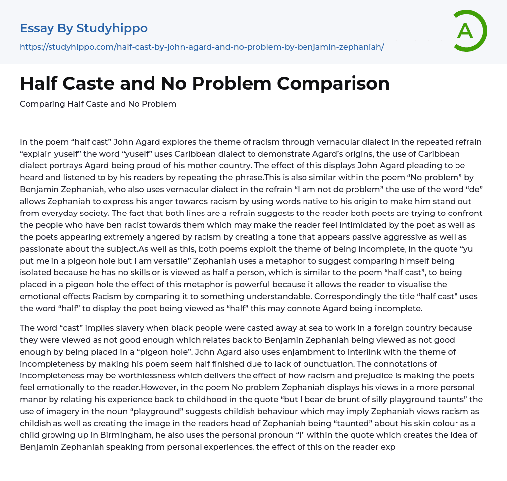 Half Caste and No Problem Comparison Essay Example