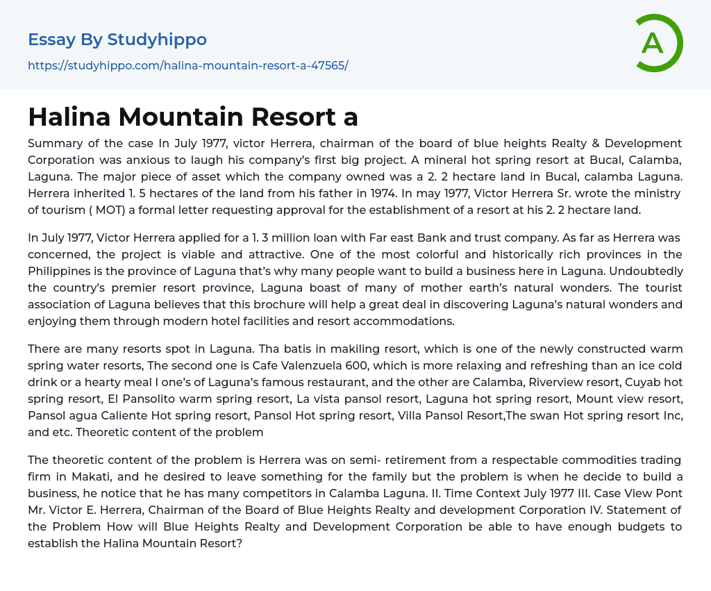 Halina Mountain Resort a Essay Example