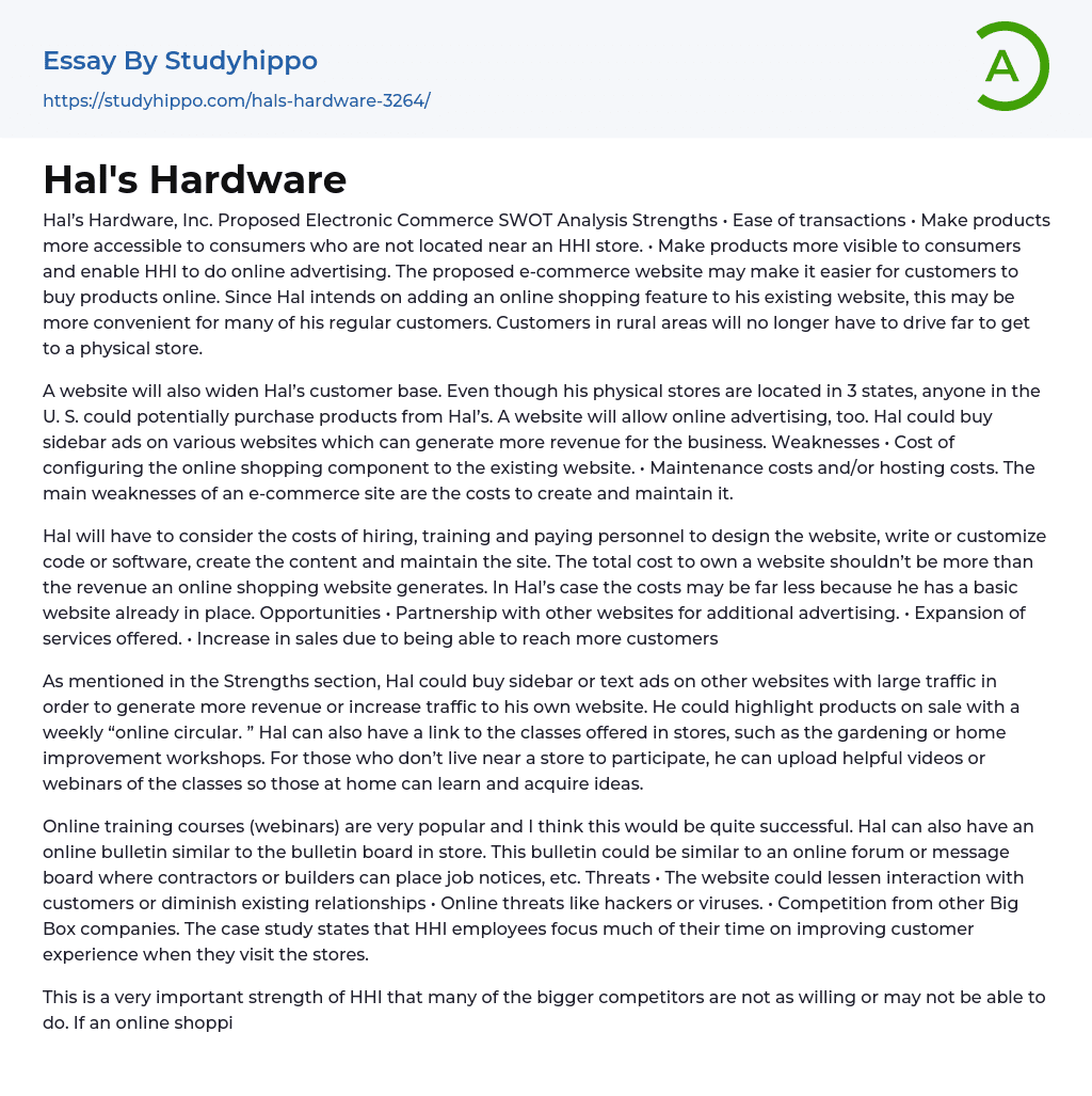 Hal’s Hardware Essay Example