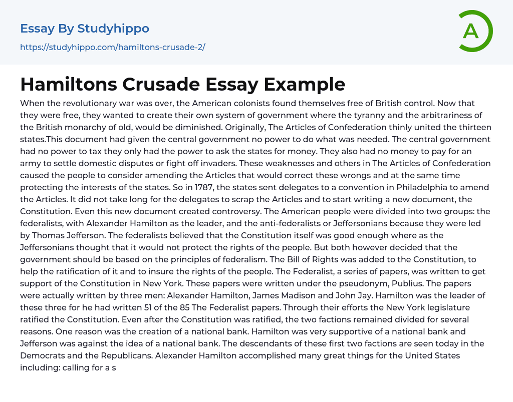Hamiltons Crusade Essay Example