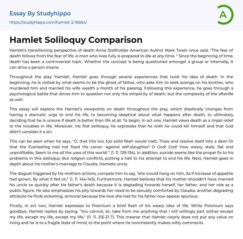 Hamlet Soliloquy Comparison Essay Example
