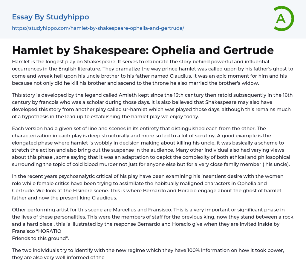 Hamlet by Shakespeare: Ophelia and Gertrude Essay Example