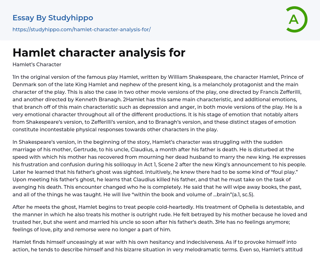 Hamlet character analysis for Essay Example