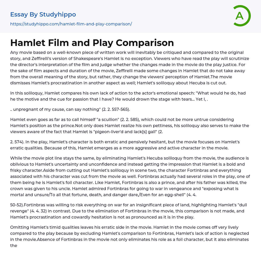 Hamlet Film and Play Comparison Essay Example