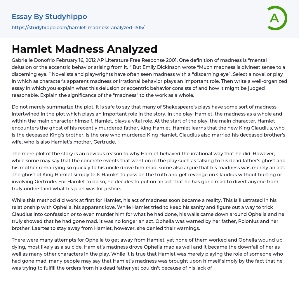 Hamlet Madness Analyzed Essay Example