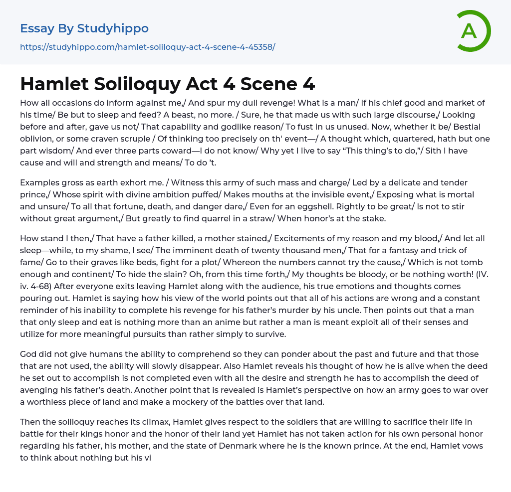 Hamlet Soliloquy Act 4 Scene 4 Essay Example