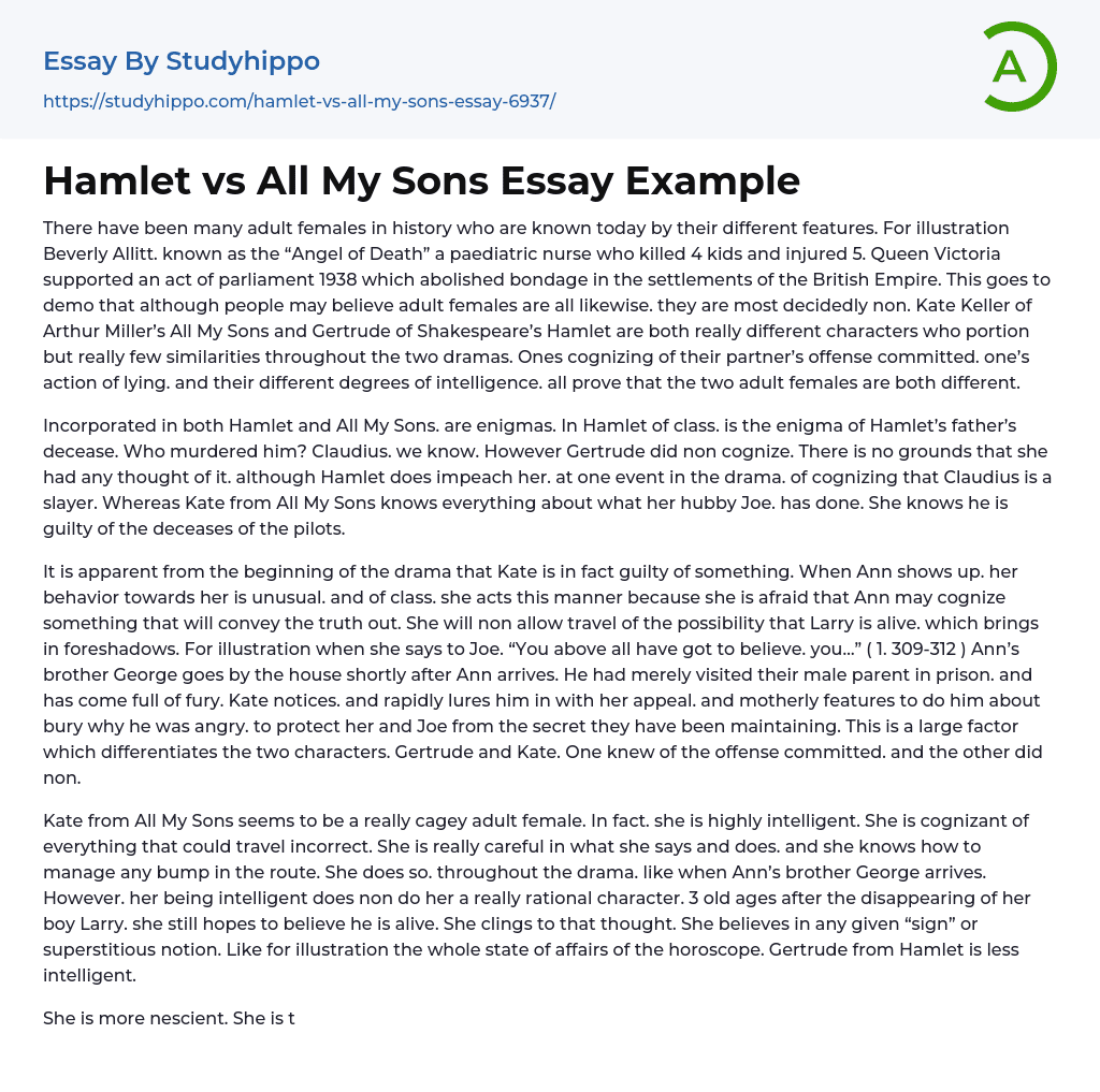 Hamlet vs All My Sons Essay Example