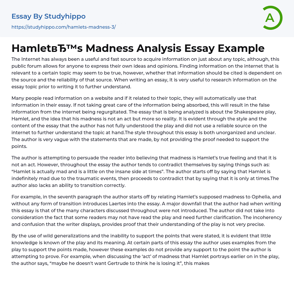 Hamlet’s Madness Analysis Essay Example