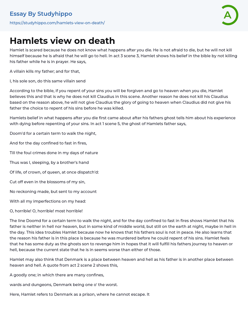 Hamlets view on death Essay Example