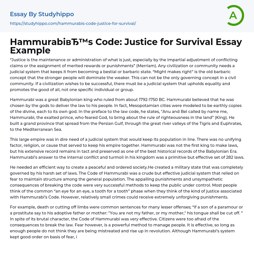 Hammurabi’s Code: Justice for Survival Essay Example