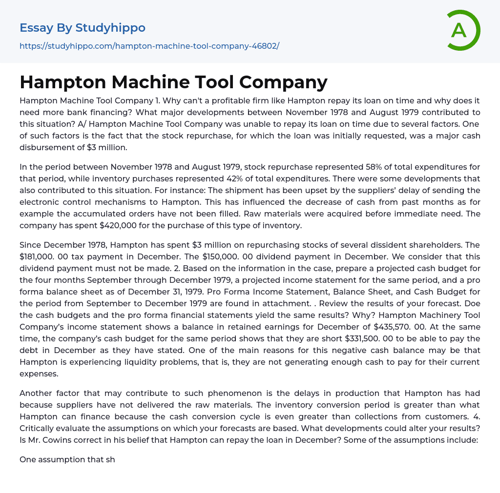 Hampton Machine Tool Company Essay Example