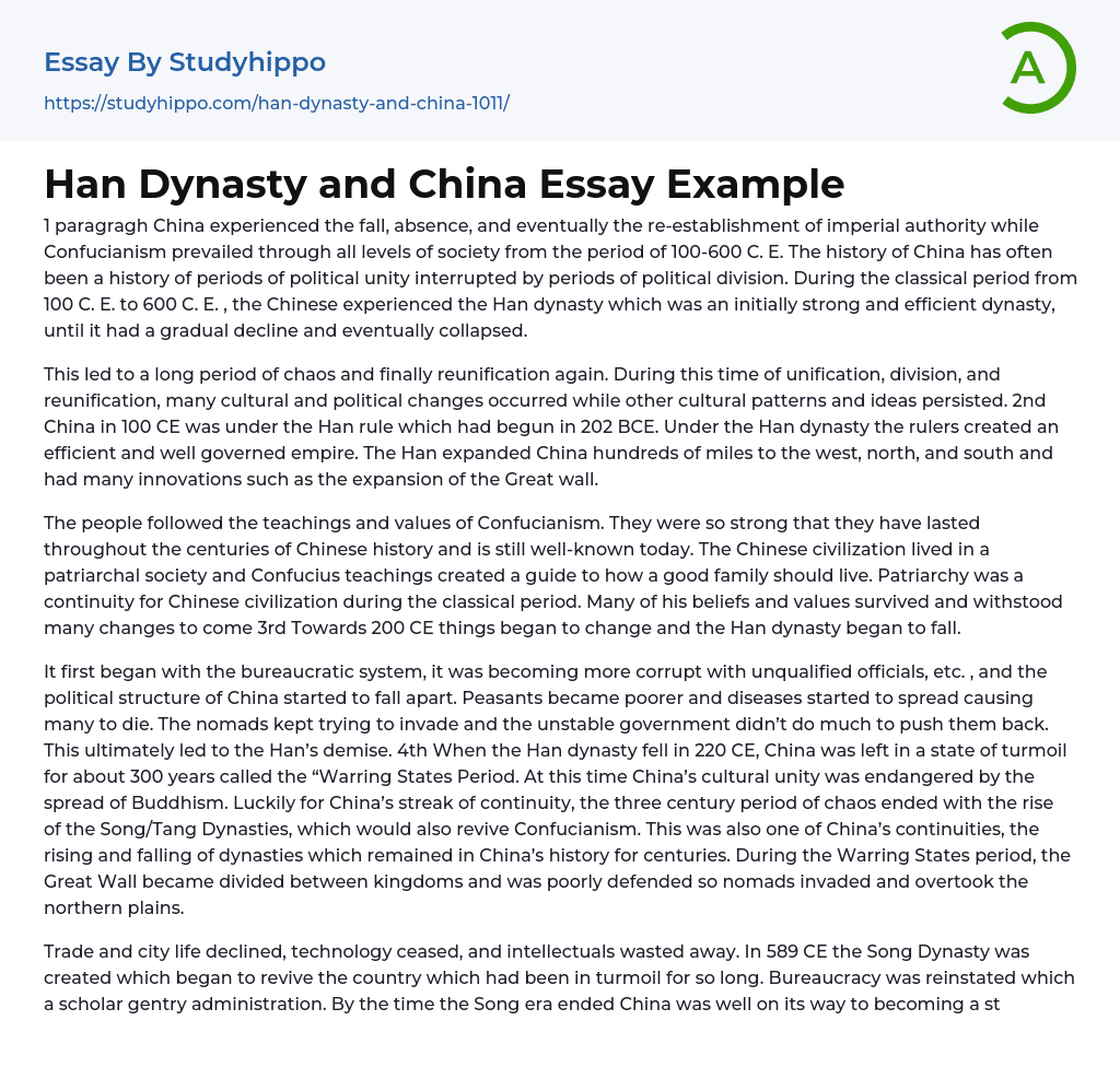 Han Dynasty and China Essay Example