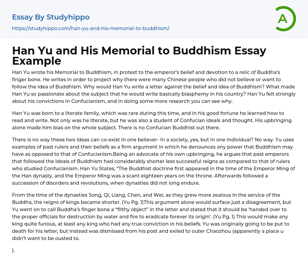 Han Yu and His Memorial to Buddhism Essay Example