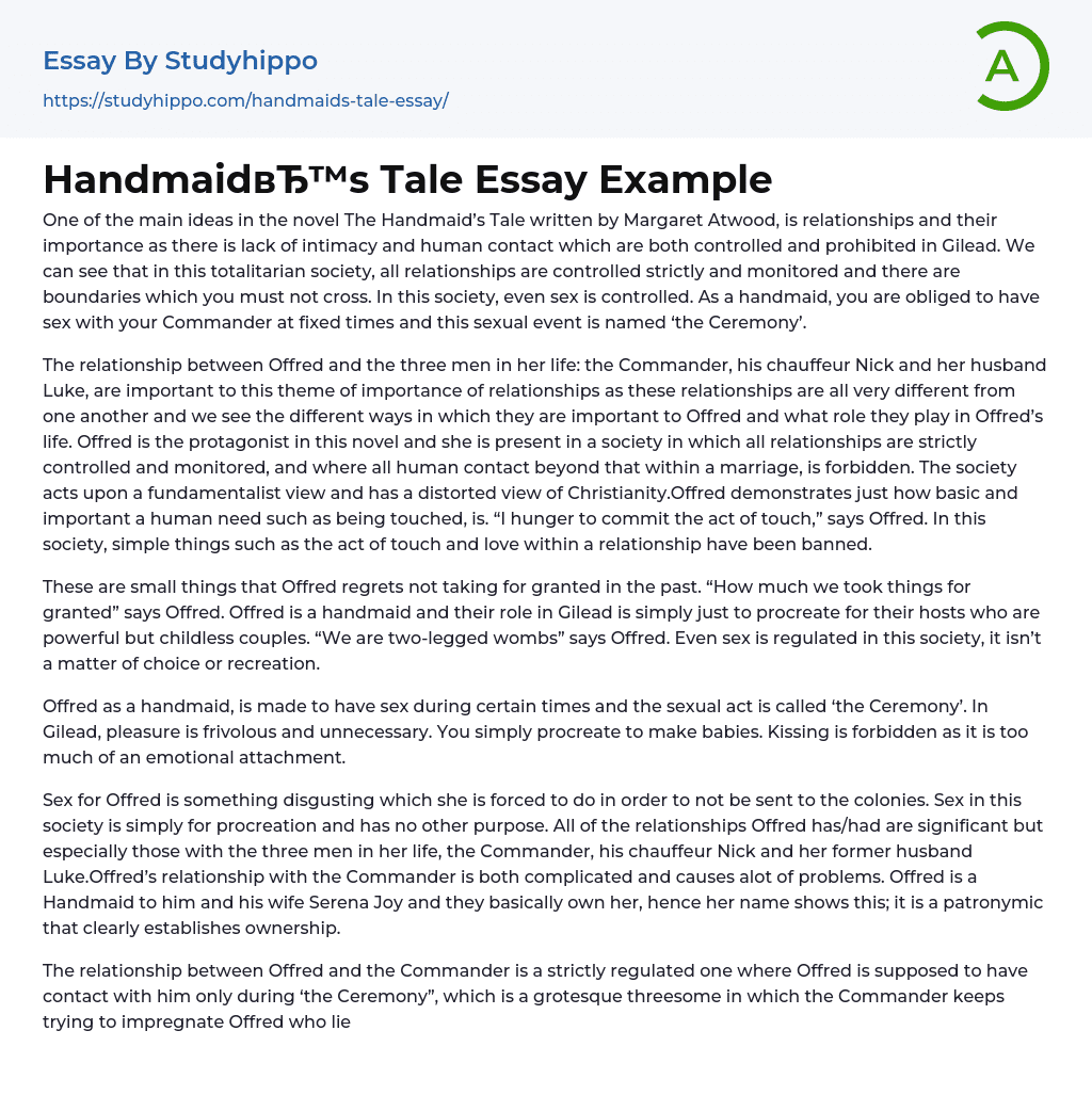 Handmaid’s Tale Essay Example