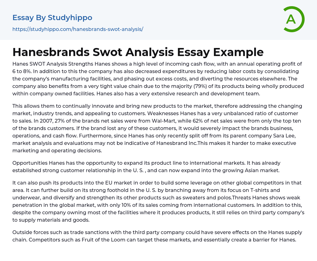 Hanesbrands Swot Analysis Essay Example