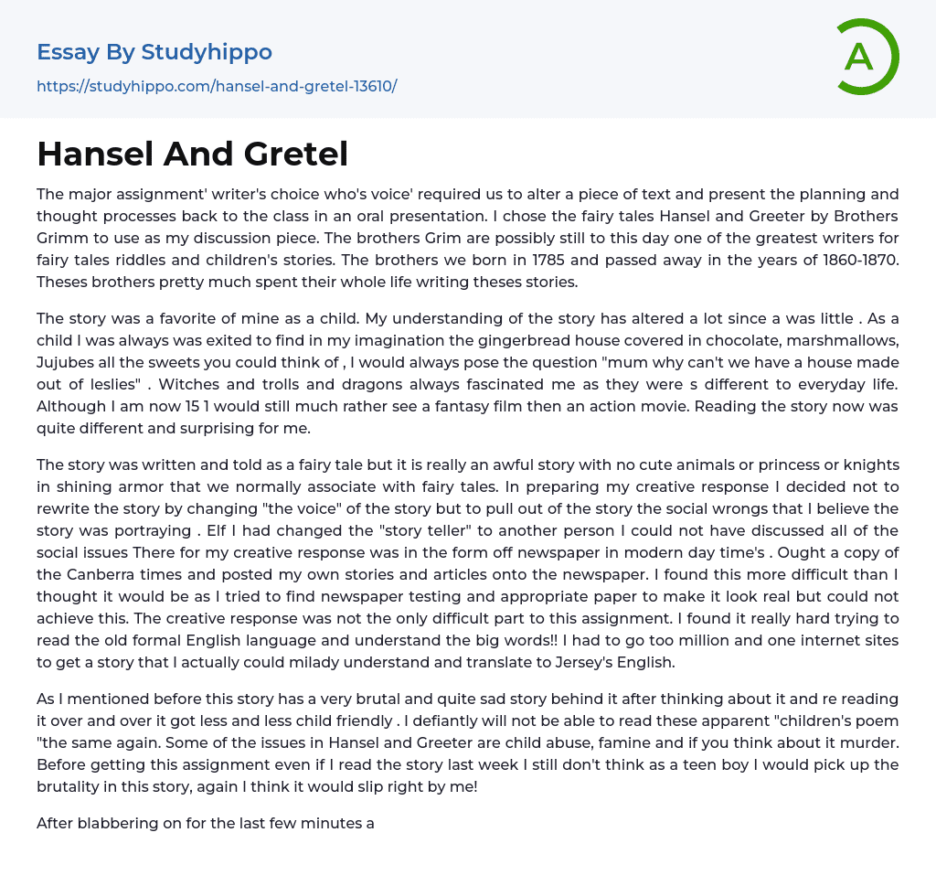 Hansel And Gretel Essay Example
