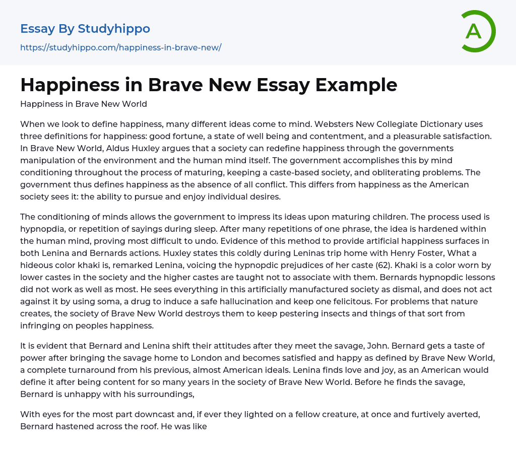 Happiness in Brave New Essay Example