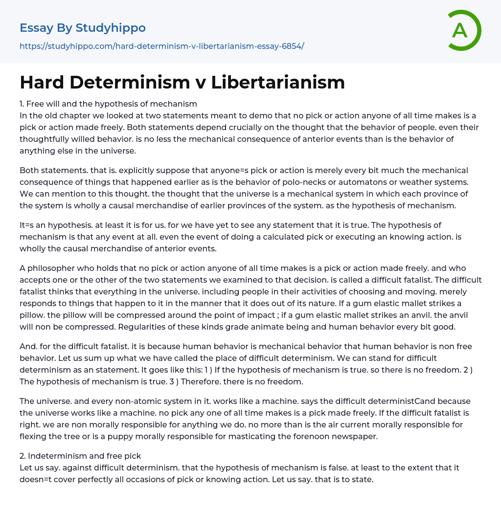 Hard Determinism v Libertarianism