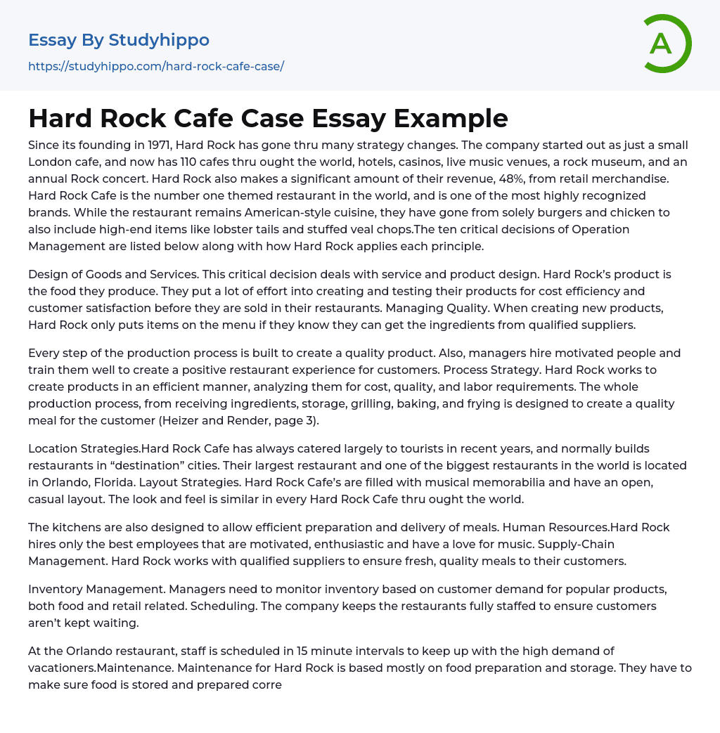 Hard Rock Cafe Case Essay Example