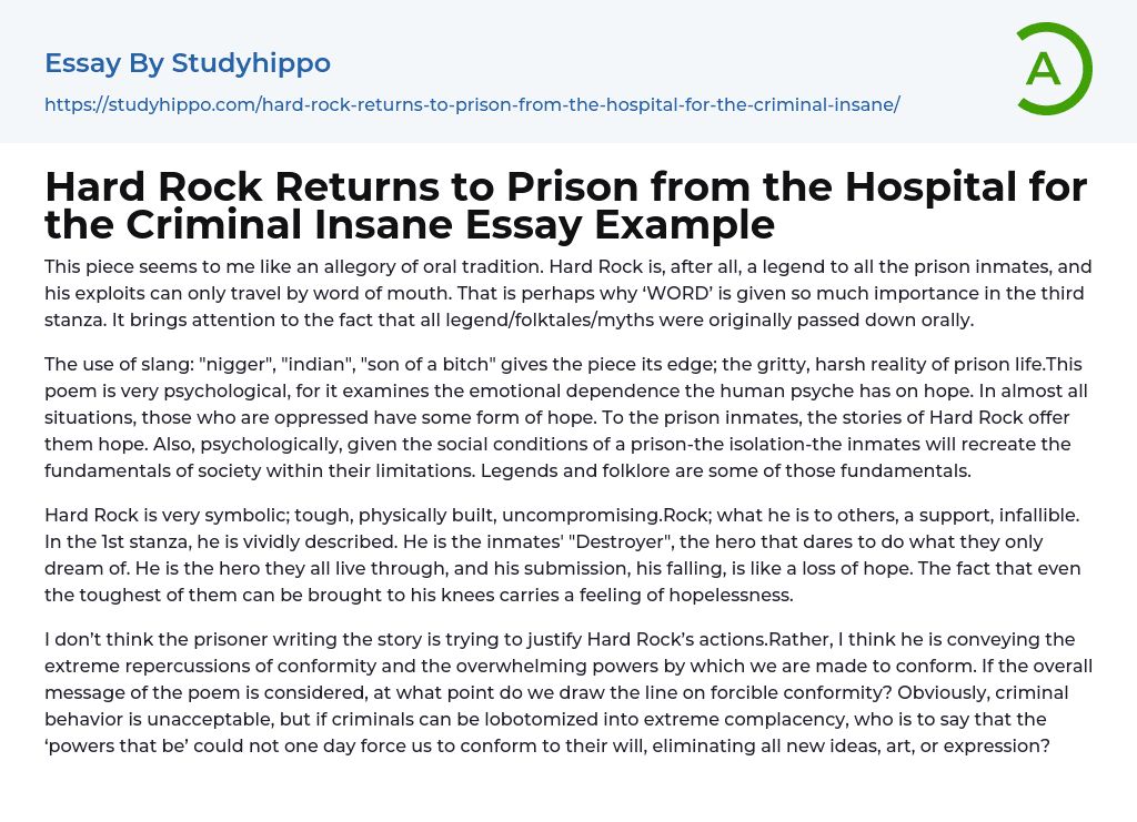 Hard Rock Returns to Prison from the Hospital for the Criminal Insane Essay Example