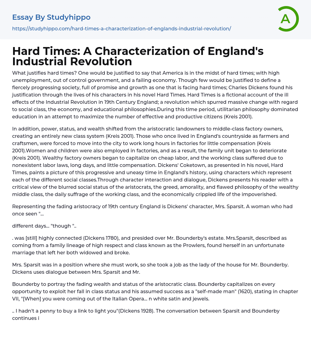 Hard Times: A Characterization of England’s Industrial Revolution Essay Example