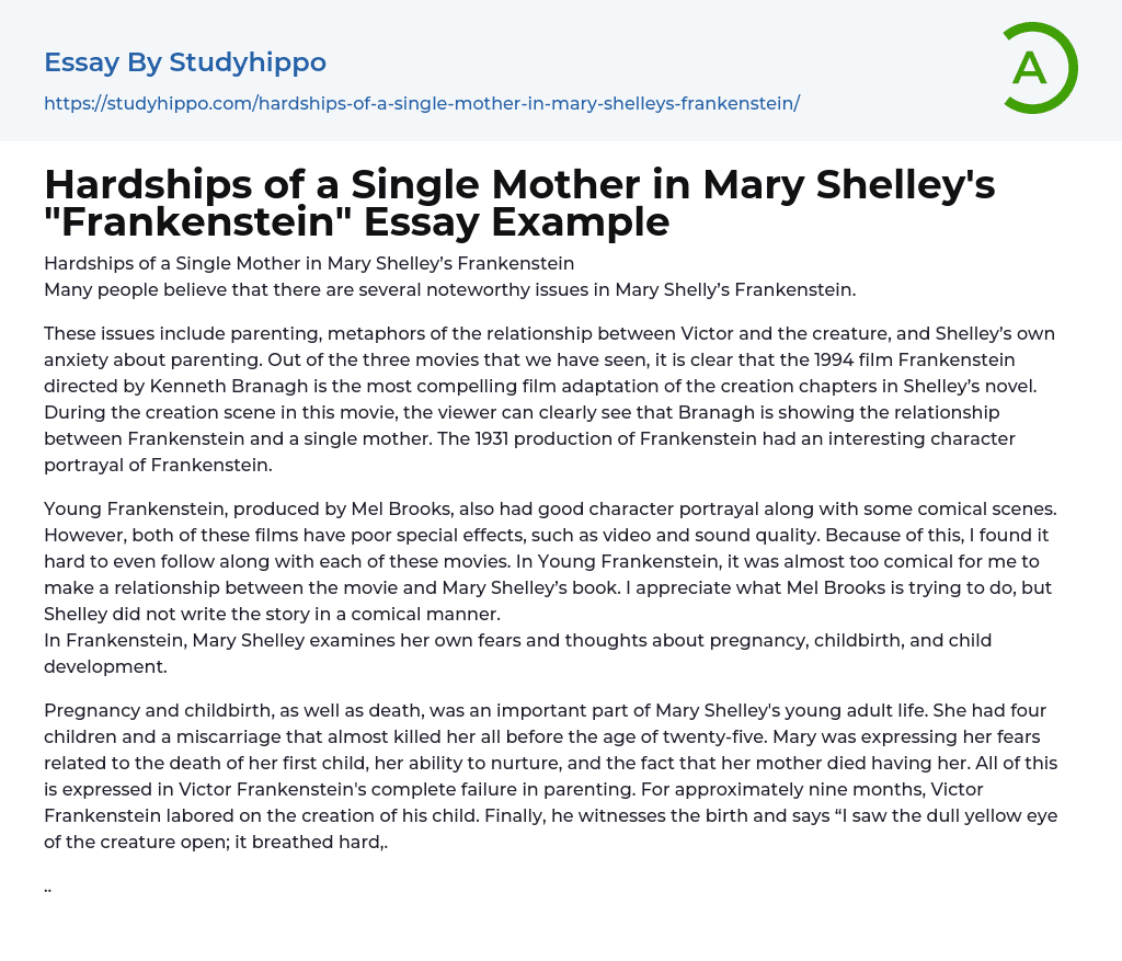 Hardships of a Single Mother in Mary Shelley’s “Frankenstein” Essay Example