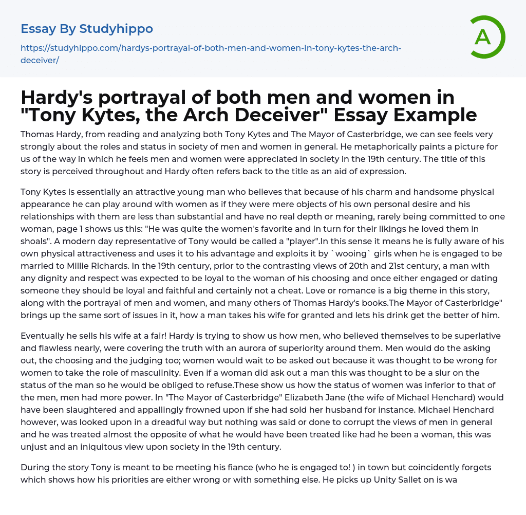 Hardy’s portrayal of both men and women in “Tony Kytes, the Arch Deceiver” Essay Example