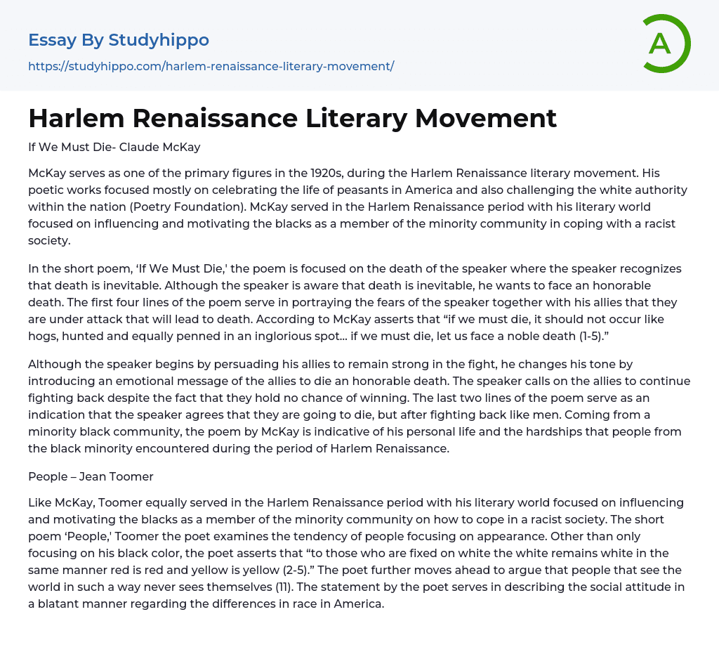 Harlem Renaissance Literary Movement Essay Example