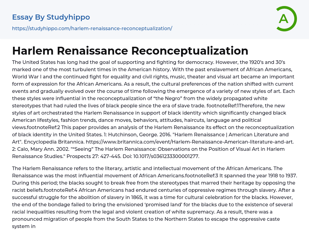 Harlem Renaissance Reconceptualization Essay Example