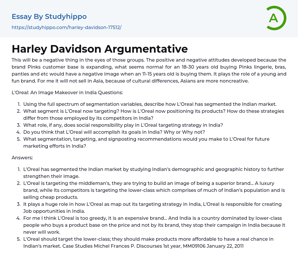 Harley Davidson Argumentative Essay Example