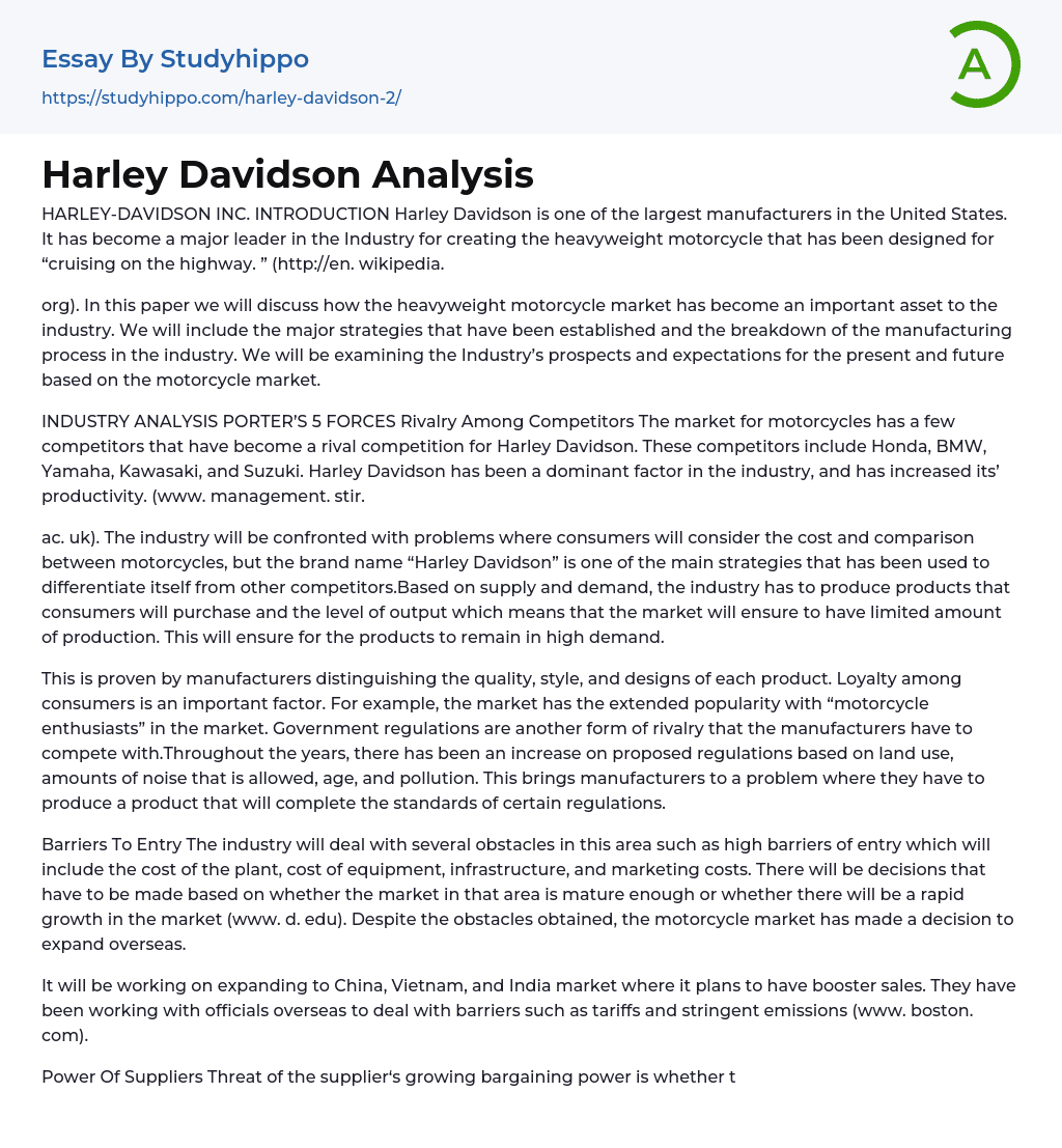 Harley Davidson: Industry Analysis Porter’s 5 Forces Essay Example