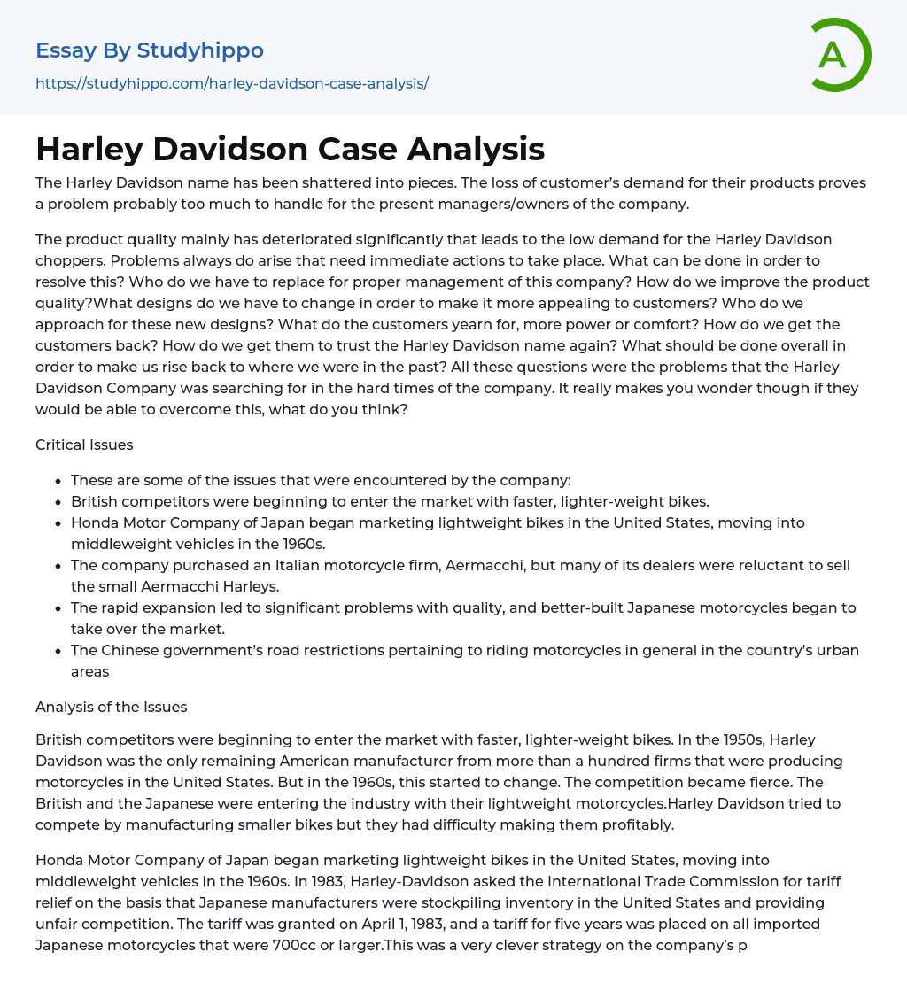 Harley Davidson Case Analysis Essay Example