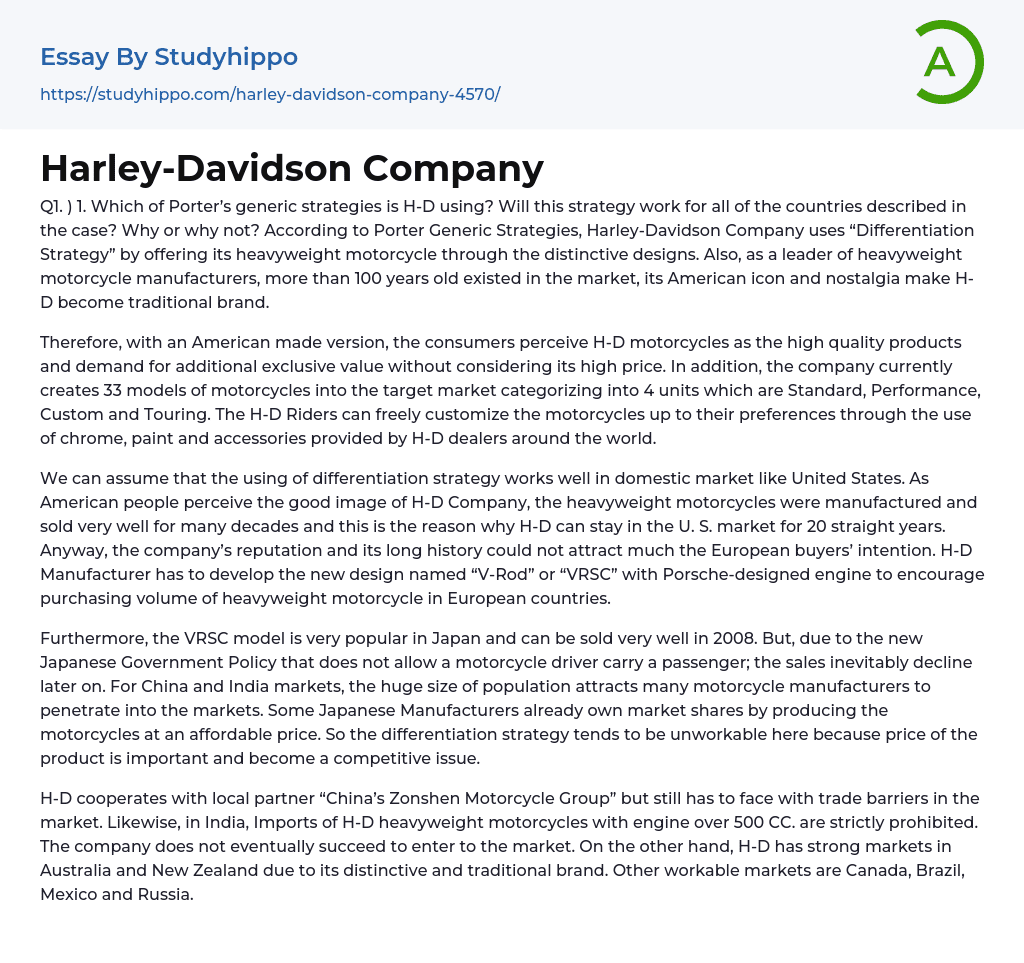 Harley-Davidson Company Essay Example