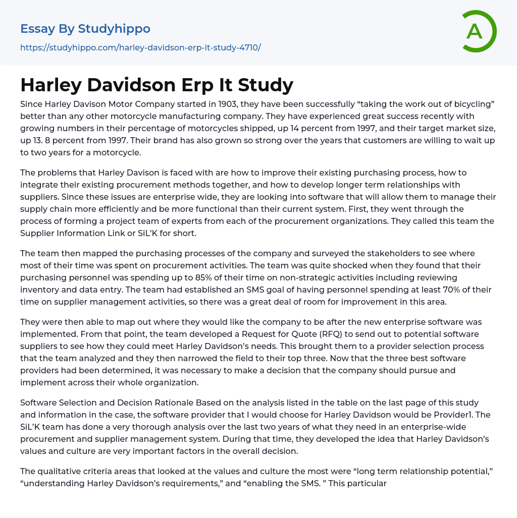Harley Davidson Erp It Study Essay Example