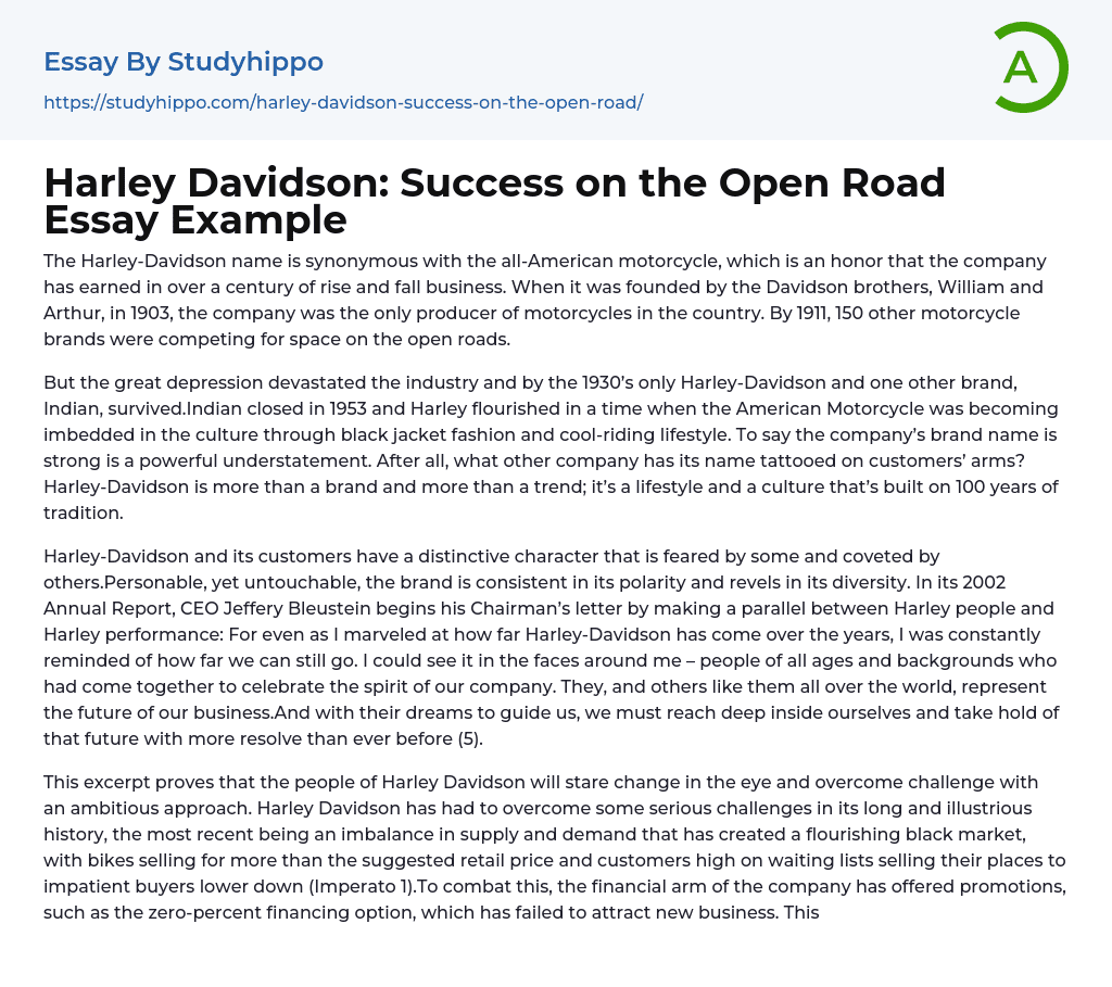 Harley Davidson: Success on the Open Road Essay Example