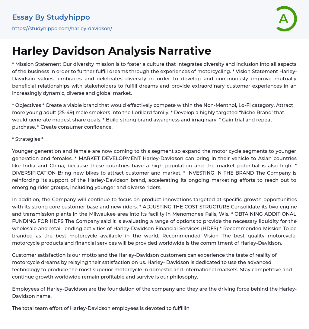 Harley Davidson Analysis Narrative Essay Example