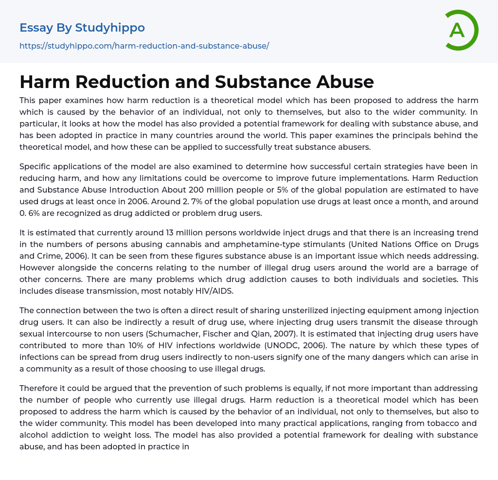 Harm Reduction and Substance Abuse Essay Example