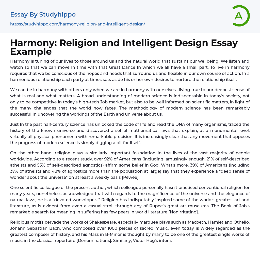 Harmony: Religion and Intelligent Design Essay Example