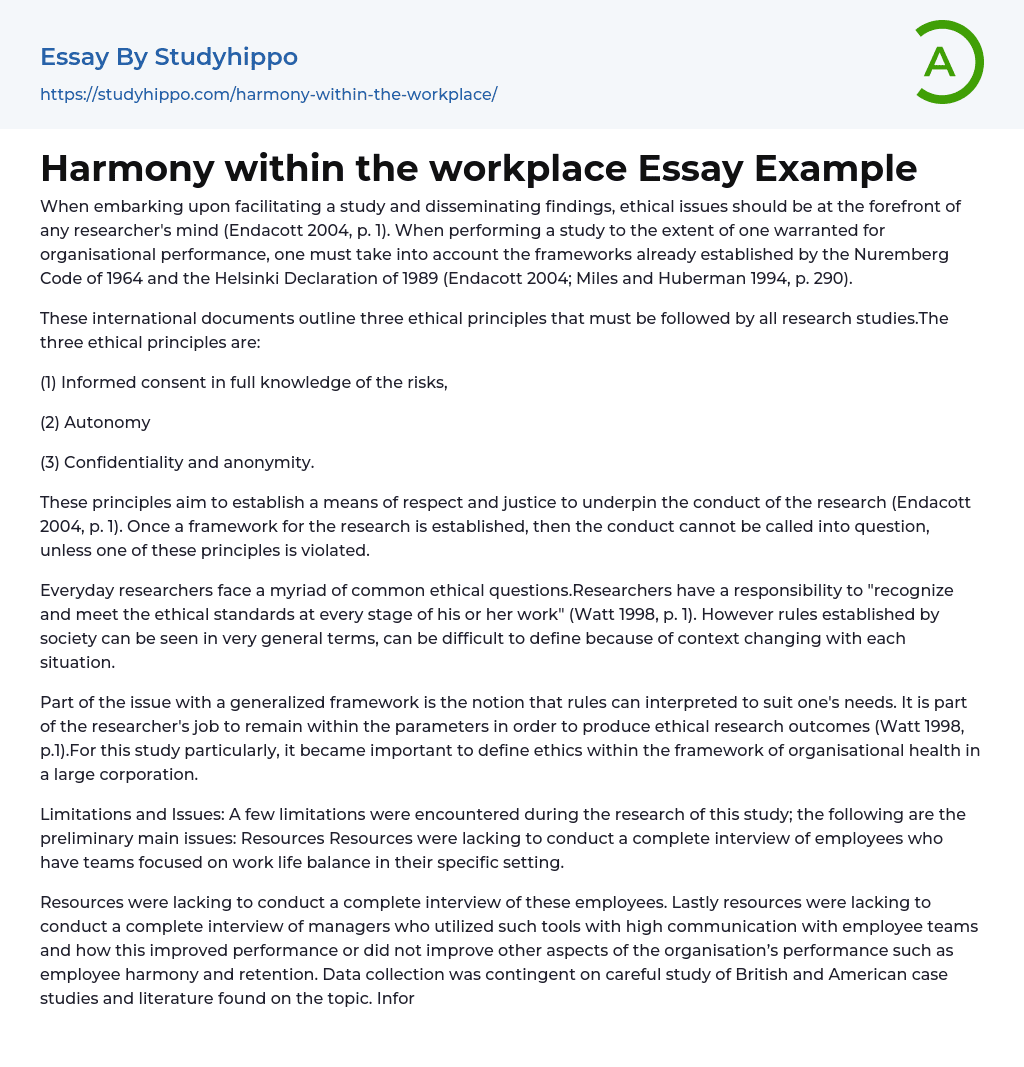 Harmony within the workplace Essay Example