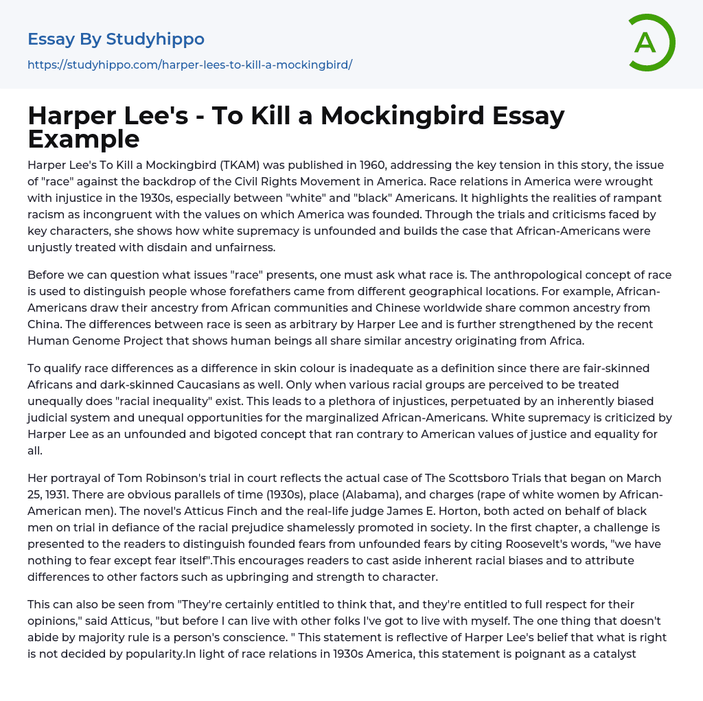 Harper Lee’s – To Kill a Mockingbird Essay Example
