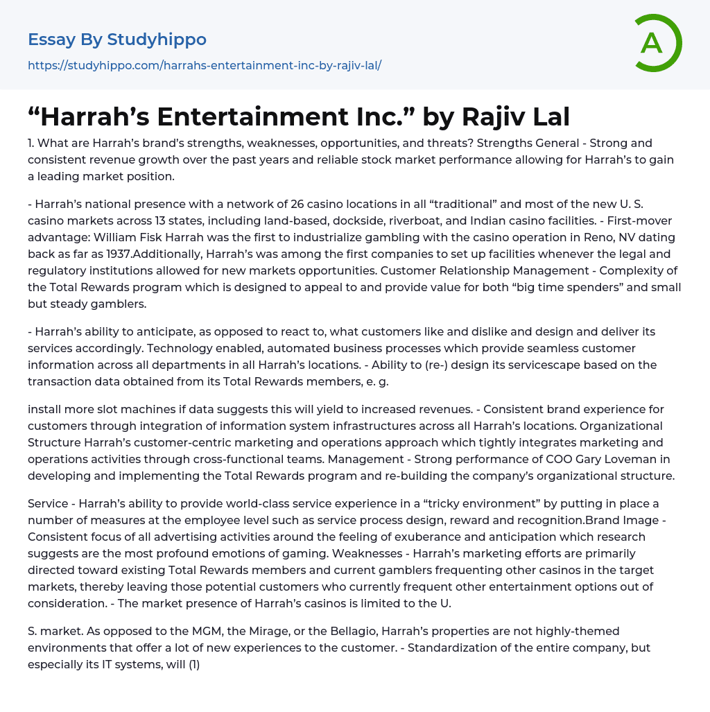 “Harrah’s Entertainment Inc.” by Rajiv Lal Essay Example