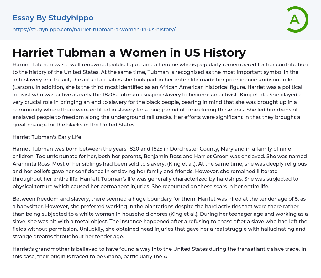 Harriet Tubman a Women in US History Essay Example