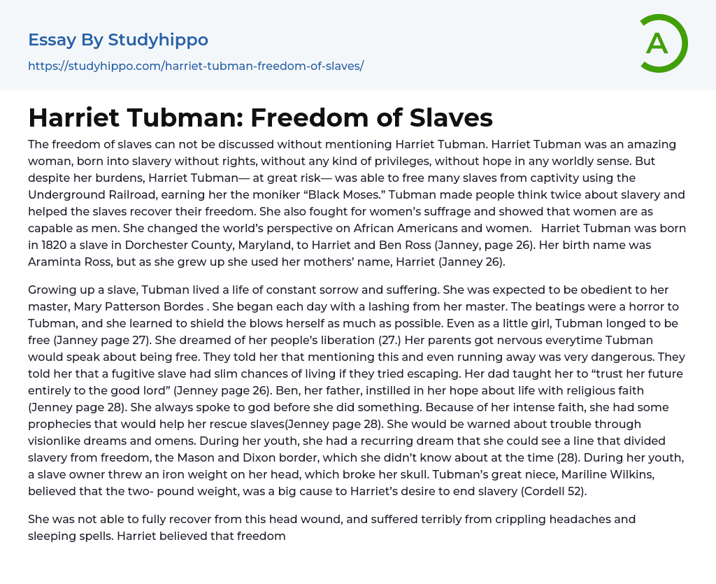 Harriet Tubman: Freedom of Slaves Essay Example