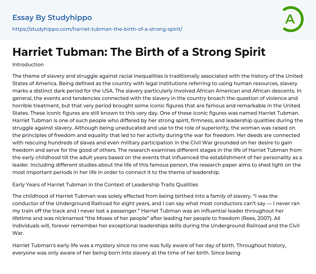 Harriet Tubman: The Birth of a Strong Spirit Essay Example