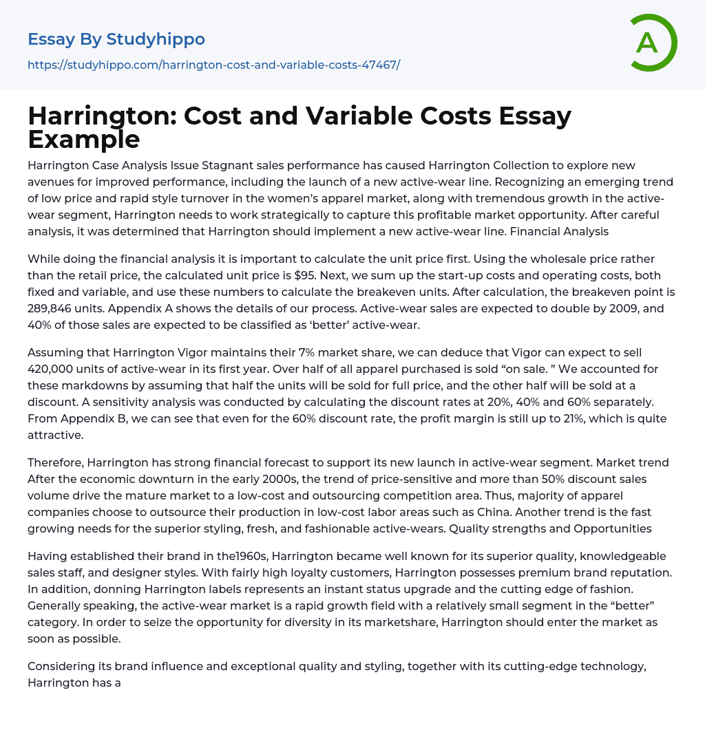 Harrington: Cost and Variable Costs Essay Example