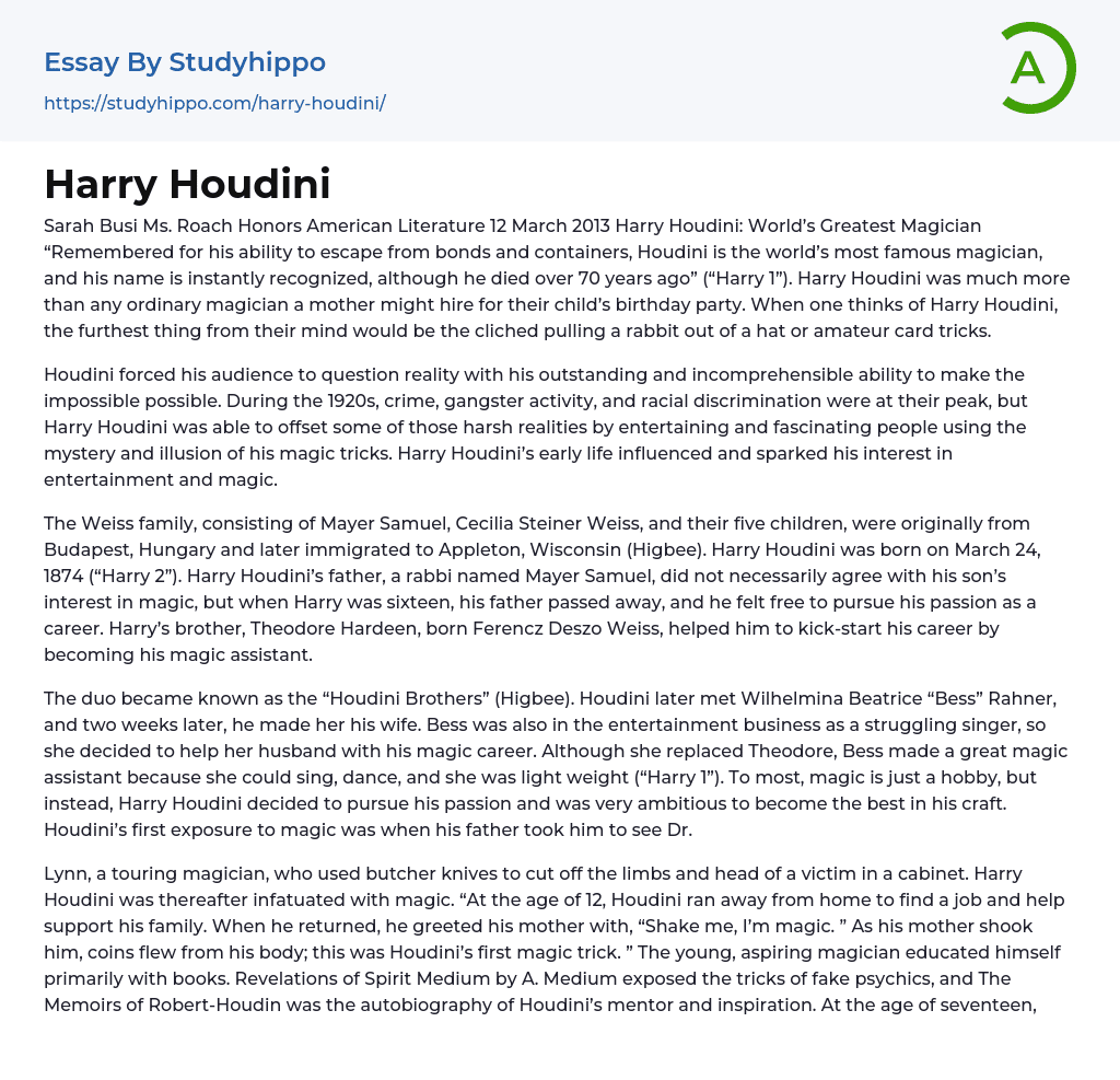 Harry Houdini: World’s Greatest Magician Essay Example