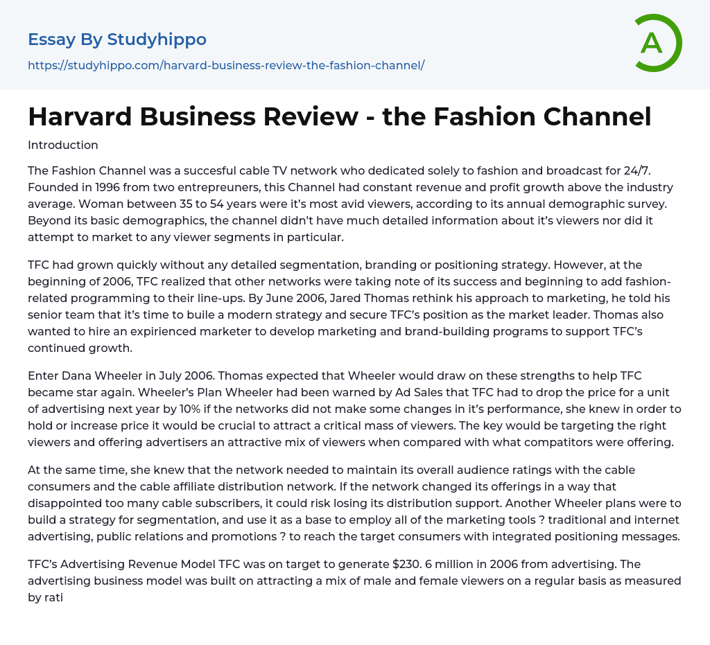 Harvard Business Review – the Fashion Channel Essay Example