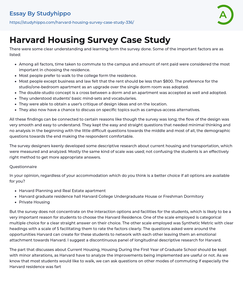 Harvard Housing Survey Case Study Essay Example