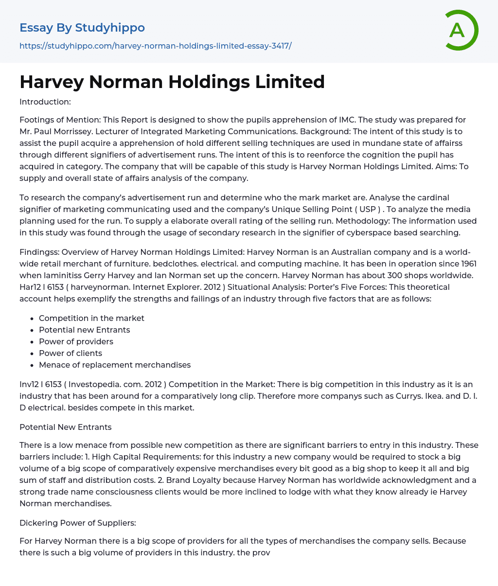Harvey Norman Holdings Limited Essay Example