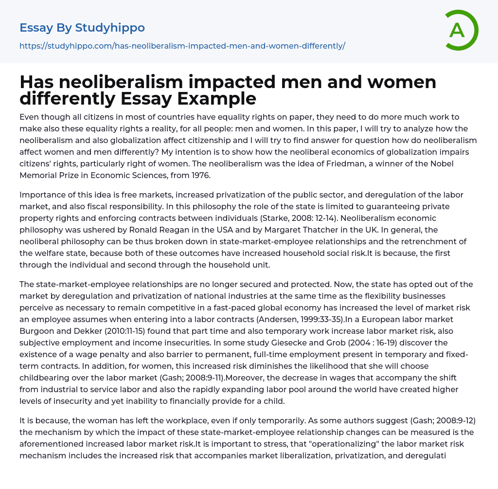 Has neoliberalism impacted men and women differently Essay Example
